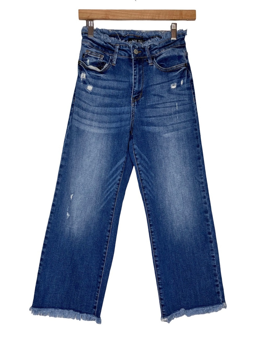 Judy Blue High-Rise Distressed Frayed Hem Cropped Wide-Leg Denim Jeans Sz 25